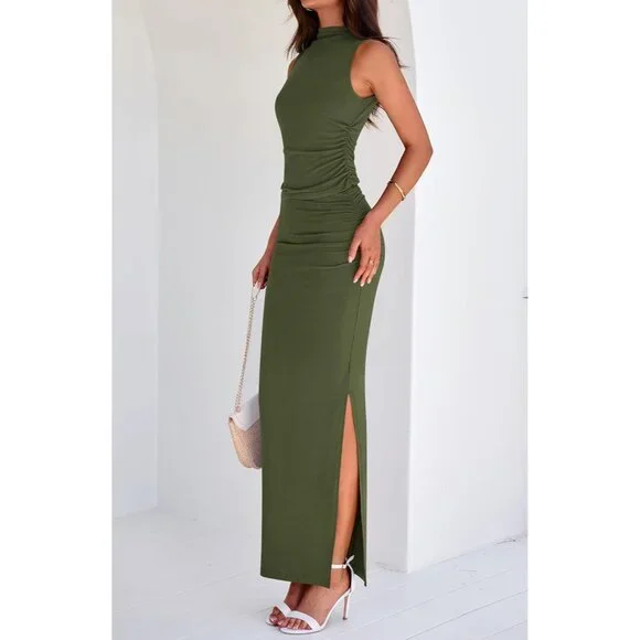 Women's Army Green Two Piece Sets Going Mock Neck Sleeveles Knit Tops Maxi Skirt - Picture 4 of 6
